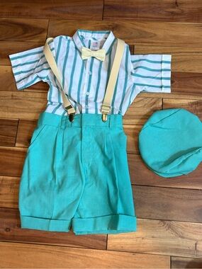 GOOD LAD 7 ✨ VINTAGE kids trouser outfit with hat green + white VGUC